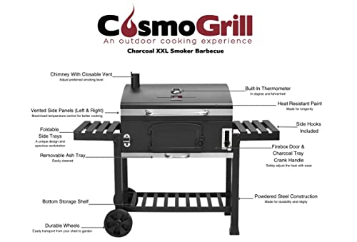 CosmoGrill Outdoor XXL Smoker Barbecue Charcoal Portable BBQ with Lid Cover, Adjustable Grill and Built-in Temperature Gauge, for Home Garden Party Cooking
