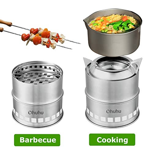 Camping Stove, Ohuhu Rocket Stove Camping Stainless Steel Lightweight Stove Wood Alcohol Stove Portable Outdoor Cooking Picnic BBQ Hiking with Mesh Bag