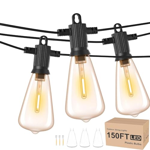 - ZOTOYI Outdoor String Lights Mains Powered 150FT, Waterproof IP65 Festoon Lights Outdoor with 73+3Pcs Vintage Bulbs