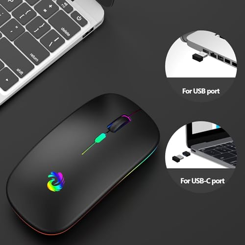 BQSS Wireless Mouse, LED Slim Silent Mice, 2.4G Portable Office Optical Mouse with USB Receiver & Type-C Adapter, 3 Adjustable DPI for Laptop, Computer, PC, Notebook, Desktop (Black)