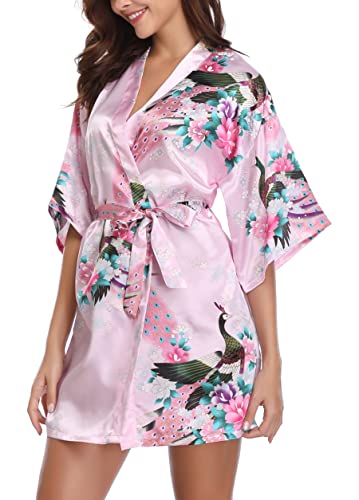 - Vlazom Women Kimono Robes Satin Dressing Gown Peacock and Blossoms Sleep Lounge Nightwear Short Silk Bride Bridesmaid Robe -