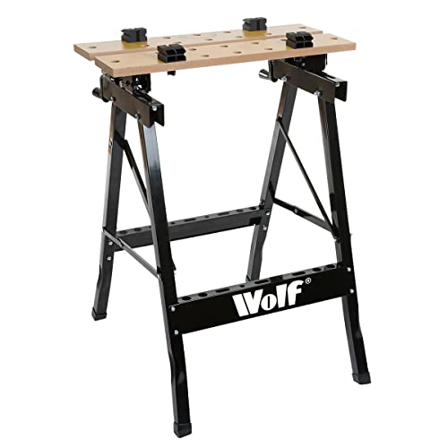 - Workbench Folding Wolf Mobile Portable Bench Strong Hard Wearing MDF Top 30mm Steel Box Section Legs Jaw Grips Worktop for Sawing Drilling Planing & Sanding