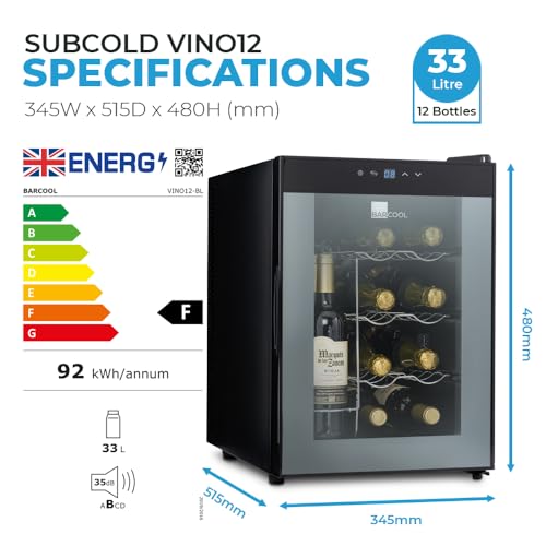 Barcool VINO12 – Table-Top Wine Fridge Black | 5-18°C | Wine Cooler | LED + Digital Display | Glass Door Drinks Cellar | Single-Zone