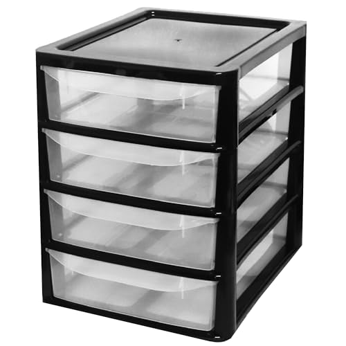 A4 Desktop Plastic Storage Drawers Table Top Organiser 4 Pull Out Drawers Storage Tower Unit For Home, School, Office, Bedroom & Living Room (1, Black)