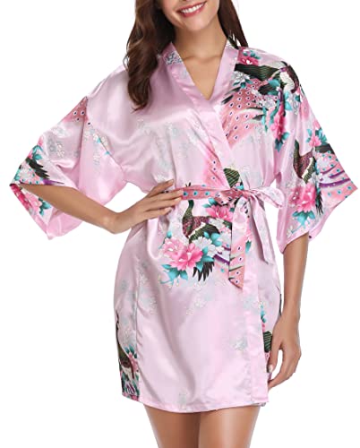 - Vlazom Women Kimono Robes Satin Dressing Gown Peacock and Blossoms Sleep Lounge Nightwear Short Silk Bride Bridesmaid Robe -