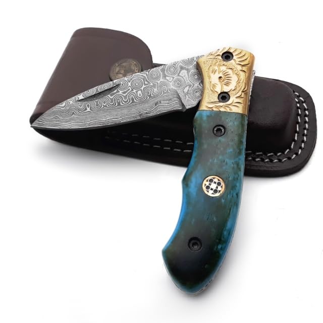 Dessi Handmade damascus steel blade folding knife. Blade length under 3 inches. Legal to carry.1644