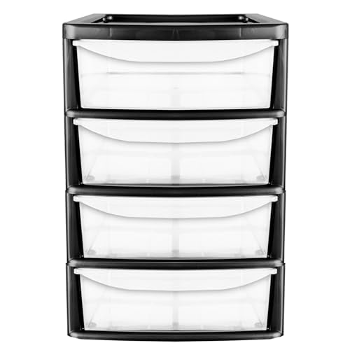 A4 Desktop Plastic Storage Drawers Table Top Organiser 4 Pull Out Drawers Storage Tower Unit For Home, School, Office, Bedroom & Living Room (1, Black)