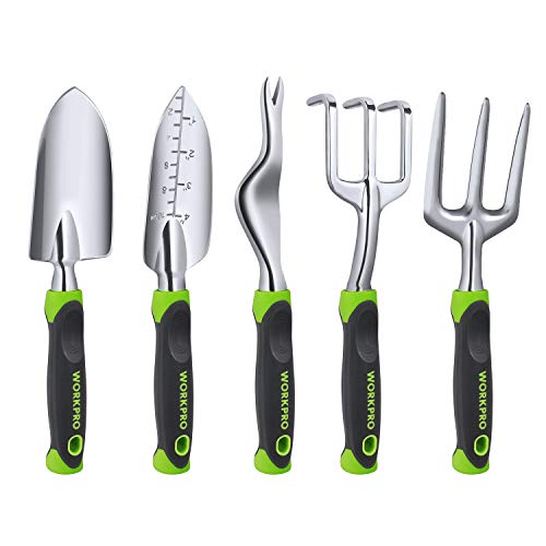 - WORKPRO 5 Pcs Gardening Tools Cast Aluminum Garden Set with Fork, Weeder, Claw, Trower, Soil Shovel for Gardener