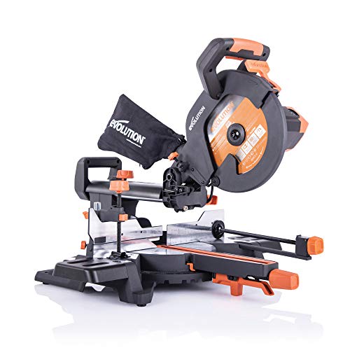 - Evolution Power Tools R255SMS+ Compound Mitre Saw | Multi-Material Cutting Blade | Chop Wood Metal Plastic | 45° Bevel | 50° Mitre Angle | 300mm Slide | 2000 W | 255 mm | 220-240 V -