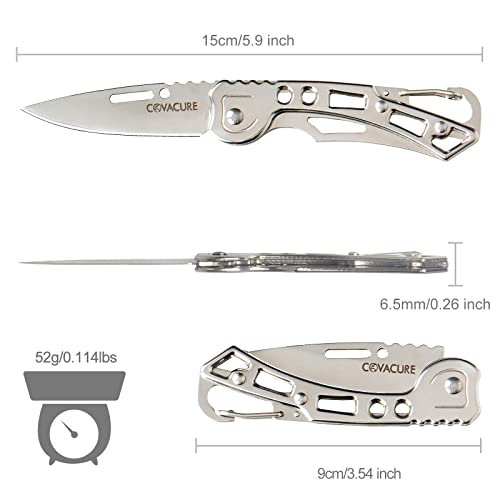 COVACURE UK Legal Non-Locking Pocket Knife with Silver Skeletonized Handle 2.4" Blade with Carabiner Clip