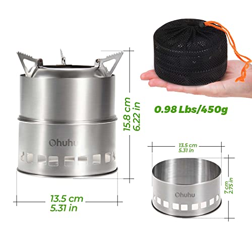 Camping Stove, Ohuhu Rocket Stove Camping Stainless Steel Lightweight Stove Wood Alcohol Stove Portable Outdoor Cooking Picnic BBQ Hiking with Mesh Bag