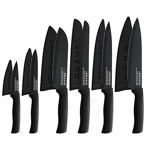 BRANIK 6Pc Black Kitchen Knife Sets with Protective Sheaths & Giftbox, Premium German Steel, Special Non-Stick Coating Making Them Dishwasher Safe.