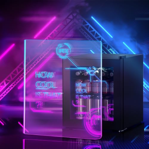 - HCK 48L Mini Fridge with Glass Door | Quiet 39dB | Cyberpunk Beer Fridge with Modern LED Lighting, Drinks Fridge Gaming Refrigerators | 0-15°C Precise Control -
