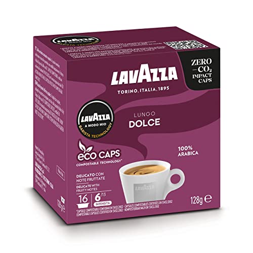 - Lavazza | A Modo Mio Lungo Dolce | 96 Coffee Capsules | Aromatic Notes of Dried Fruit | 6 Packs of 16 Compostable Coffee Pods -