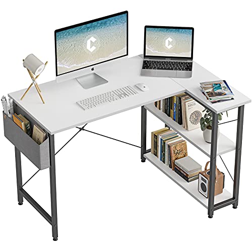CubiCubi 100 cm Small L Shaped Computer Desk with Storage Shelves Home Office Corner Desk Study Writing Table, White