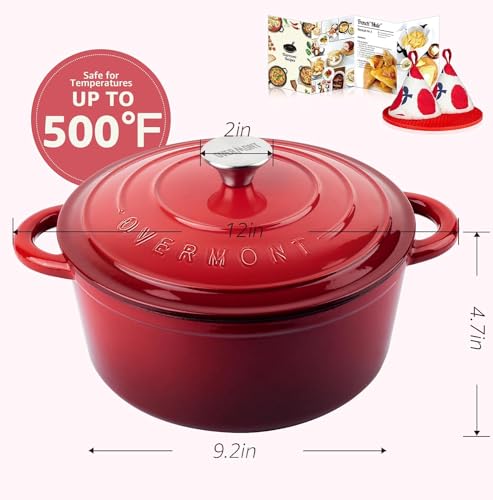 - Overmont 5L Enamelled Cast Iron Round Casserole Dish | Lid | 26cm | Cookbook -