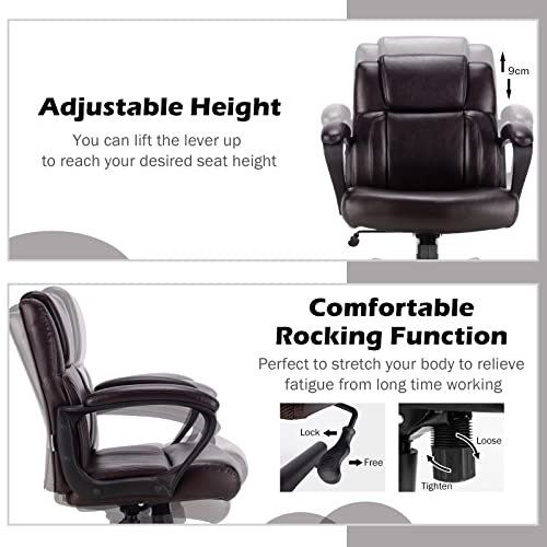 COSTWAY 300/330/400/500LBS Big & Tall Executive Office Chair, Height Adjustable Leather Computer Desk Chair with Rocking Backrest & Arms, Home Office Ergonomic Swivel Task Chair (330LBS, Brown)