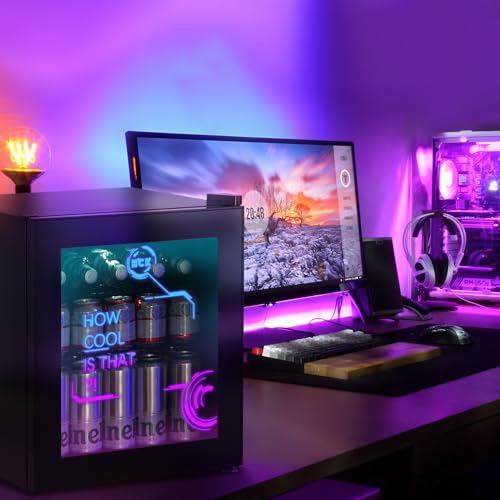 - HCK 48L Mini Fridge with Glass Door | Quiet 39dB | Cyberpunk Beer Fridge with Modern LED Lighting, Drinks Fridge Gaming Refrigerators | 0-15°C Precise Control -