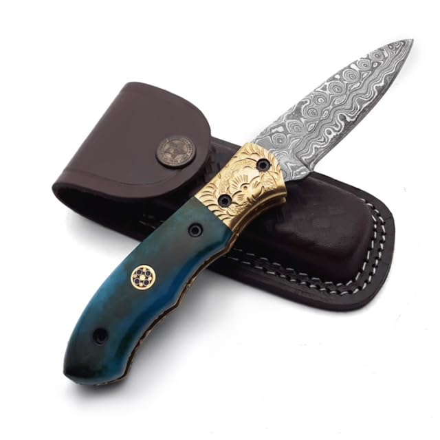 Dessi Handmade damascus steel blade folding knife. Blade length under 3 inches. Legal to carry.1644
