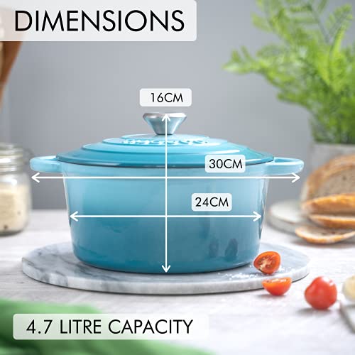 Cast Iron Pot with Lid – Non-Stick Ovenproof Enamelled Casserole Pot, Oven Safe up to 500° F – Sturdy Dutch Oven Cookware – Blue, 5-Quart, 24cm – by Nuovva