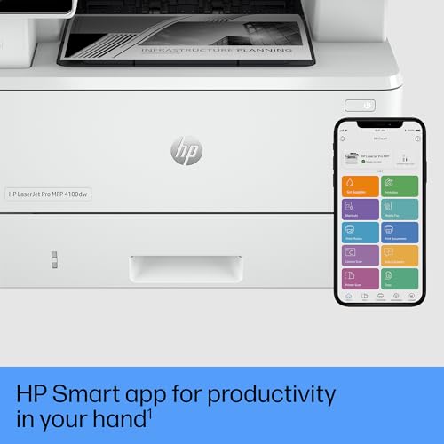 - HP Laserjet Pro MFP 4102dw Laser Printer | Black and White | Printer for Small Medium Business | Print, Copy, Scan, ADF | 2-Sided Printing | Dual-Band Wi-Fi, Ethernet | Instant Ink for Toner Available -