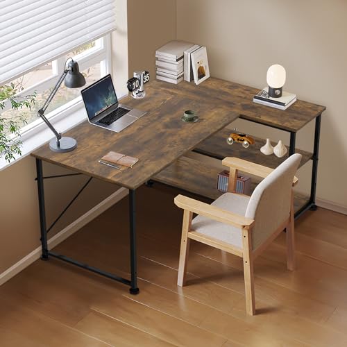 - TRIUMPHKEY 110CM L Shaped Corner Desk | Includes Shelves | Reversible Left or Right Computer Workstation -