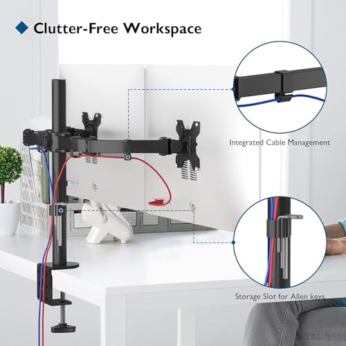 BONTEC Dual Monitor Stand, Adjustable Monitor Arm Desk Mount for 13-27 Inch Screens, Ergonomic Dual Monitor Stands, Height Adjustable Dual Monitor Arm Bracket with 360° Rotation, and Full Motion Tilt