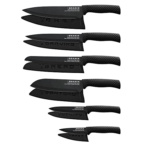 BRANIK 6Pc Black Kitchen Knife Sets with Protective Sheaths & Giftbox, Premium German Steel, Special Non-Stick Coating Making Them Dishwasher Safe.
