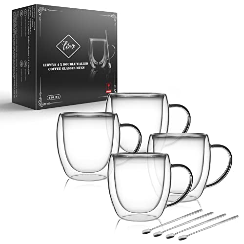 - LIBWYS 4 Pack Double Walled Glass Coffee Mugs with 4 Spoons | 250ml Cappuccino Latte Tea Cups with Handle -