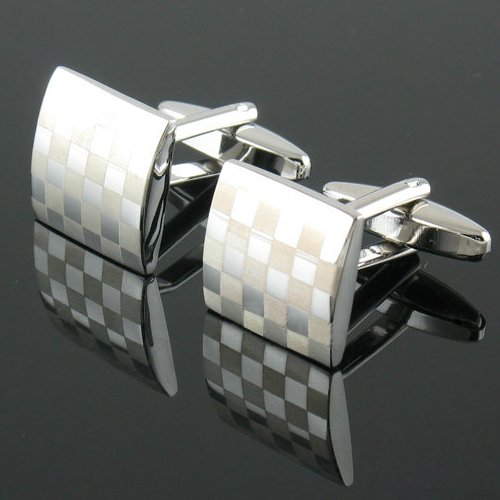- KINGQ Mens Silver Square Checkerboard Cufflinks -