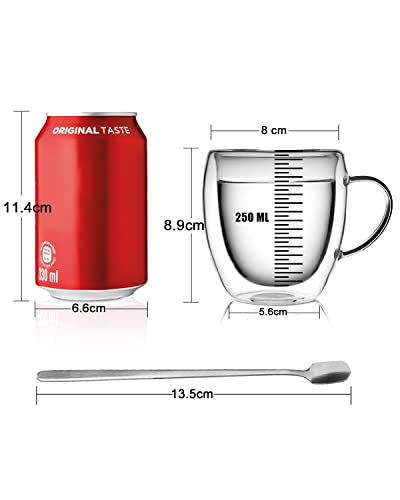 - LIBWYS 4 Pack Double Walled Glass Coffee Mugs with 4 Spoons | 250ml Cappuccino Latte Tea Cups with Handle -