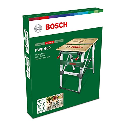 Bosch Home and Garden Work Bench PWB 600 (4 blade clamps, cardboard box, max. load capacity: 200 kg), Schwarz, Grün, Metallic
