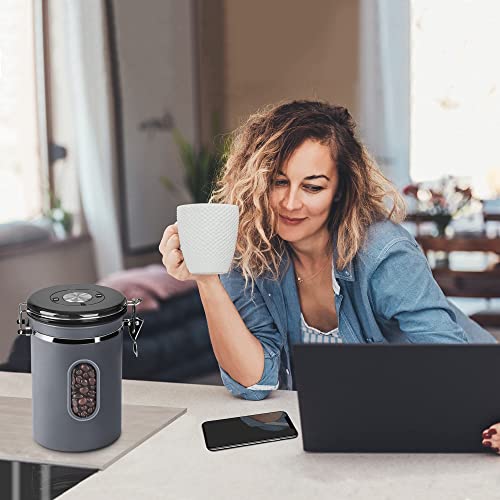 1800ML Airtight Coffee Canister with Date Tracker Transparent Window, 22.8OZ Coffe Beans Storage with 30 ML Measure Spoon&4 co2 Valve, Kitchen Food Storage Container for Grounds Coffee,Beans&Tea(Grey)