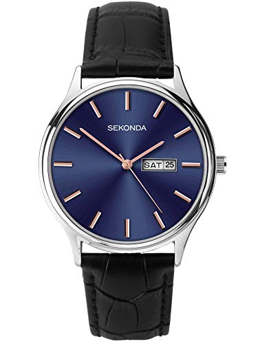 - Sekonda Black Leather | Midnight Blue and Rose-Gold Dial | Watch 1701 -