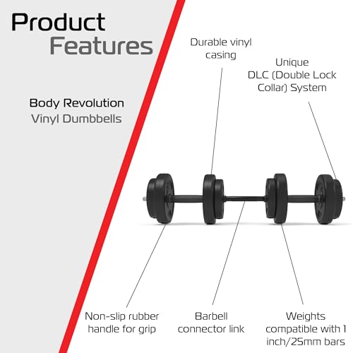 Body Revolution - Adjustable Vinyl Weights 15kg Dumbbells Set - Adjustable Dumbbells with Barbell Set Converter, Fitness and Strength Free Weights, Training Equipment