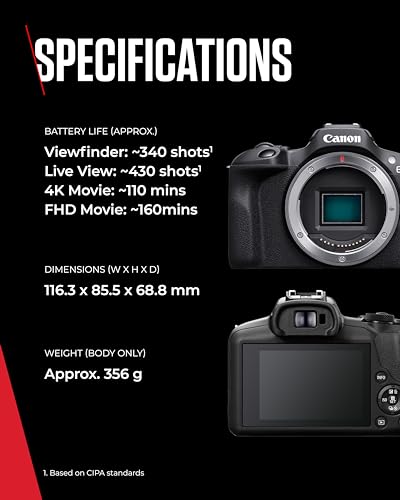 Canon EOS R100 - Compact Mirrorless Digital Camera - 24.1 MP, 4K Resolution - Dual Pixel CMOS AF, DIGIC 8 Processor - 6.5 FPS Continuous Shooting - Face & Eye Detection, Bluetooth, Wi-Fi, GPS