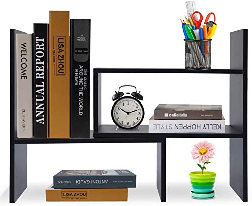 - Hossejoy Wood Adjustable Bookshelf Bookcase | Expandable Desktop Storage Organizer -