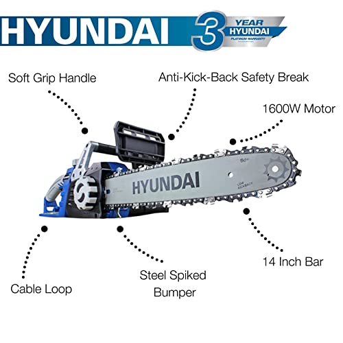 - Hyundai 1600w / 230v | 14" Bar Powerful Electric Chainsaw | Lightweight | 3m Power Cable | Automatic Chain Lubrication | Easy to Use Corded Chain Saw -