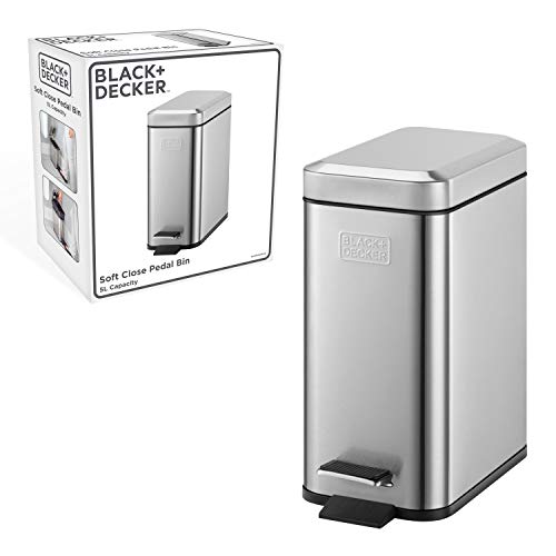 BLACK+DECKER BXBNOOO5E 5L Metallic Grey Pedal Bin with Soft Close Lid, Stainless Steel, 30cm x 14cm x 29cm (Packaging may vary)