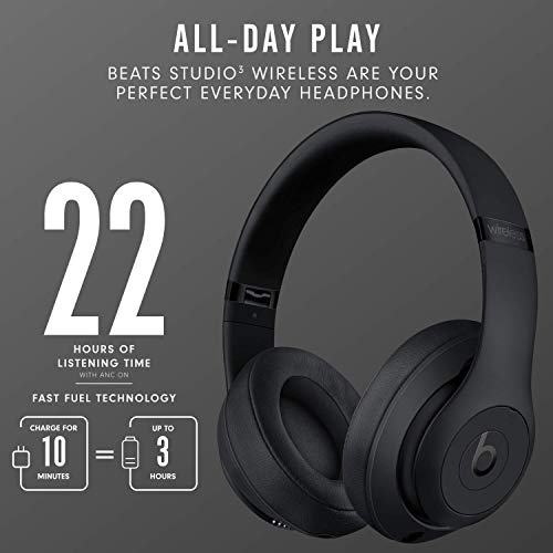 beats Studio3 Wireless Noise Cancelling Over-Ear Headphones - Apple W1 Headphone Chip, Class 1 Bluetooth, Active Noise Cancelling, 22 Hours Of Listening Time - Matte Black