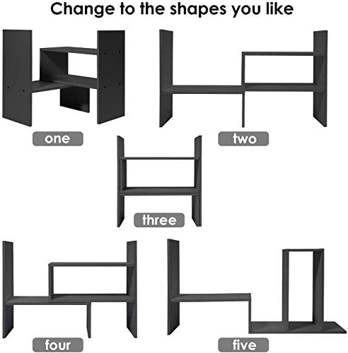- Hossejoy Wood Adjustable Bookshelf Bookcase | Expandable Desktop Storage Organizer -