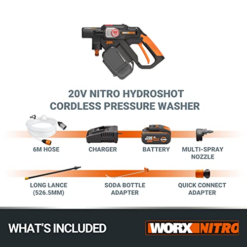 - Worx Nitro HydroShot WG633E 20V High-Flow Cordless Portable Pressure Cleaner Power Washer with Brushless Motor Up to 56 Bar Pressure, IPX7 Waterproof Battery, Charger, Multi-Spray Nozzle & Accessories
