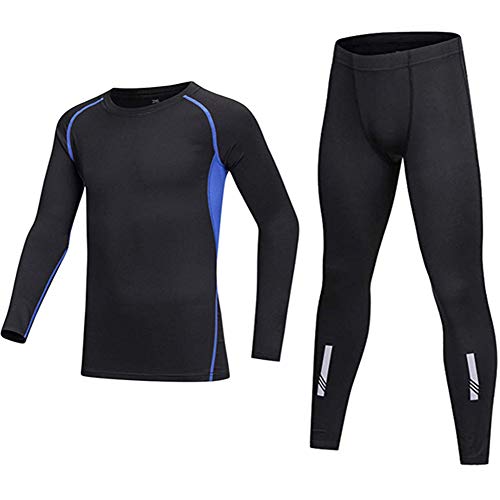 BUYKUD Kids' Girls Boys Long Sleeve Athletic Base Layer Compression Underwear Shirt & Tights Set Unisex, Blue, Label Size: 30