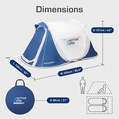Active Era® Pop Up Tent - 2 Layer Waterproof 2 Person Pop-Up Tent – 100% Storm Tested with Advanced Ventilation and Easy-Pitch Construction - Perfect for Camping and Festivals (Blue)