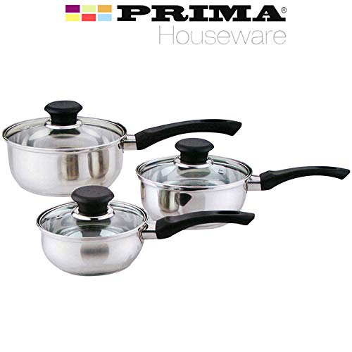 6 Pcs Stainless Steel Saucepan Essential Cookware Set with Glass Lids & Sturdy Handles Pot Prima Kitchen Cook Home Chef Cooking Sauce Pan Housewarming Gifts UK Free P&P