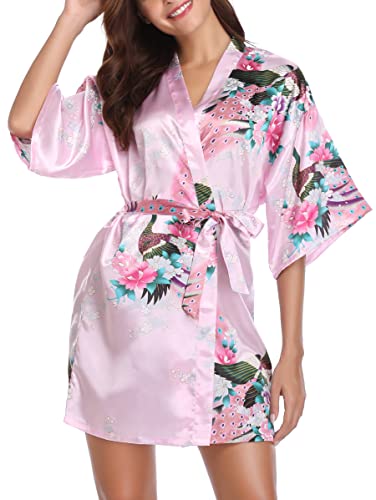 - Vlazom Women Kimono Robes Satin Dressing Gown Peacock and Blossoms Sleep Lounge Nightwear Short Silk Bride Bridesmaid Robe -