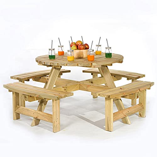 BrackenStyle Wooden Round Table with Bench and Parasol Hole - 1 Piece Furniture Outdoor Dining for Picnic, Garden, Patio, 8 People Seater with 1.8M Diameter (Green Pine)