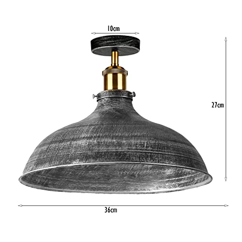 - Vintage Retro Industrial Semi Flush Mount Ceiling Light LED Lamp Fixture, Kitchen Light Ceiling, Metal Large Rustic Light Shade Pendant Lampshade Fitting for Bedroom, Farmhouse (Brushed Silver) -