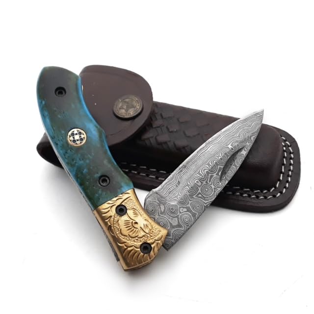 Dessi Handmade damascus steel blade folding knife. Blade length under 3 inches. Legal to carry.1644