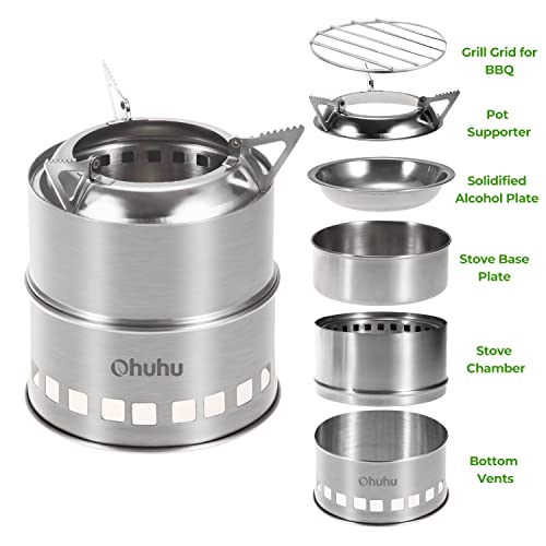Camping Stove, Ohuhu Rocket Stove Camping Stainless Steel Lightweight Stove Wood Alcohol Stove Portable Outdoor Cooking Picnic BBQ Hiking with Mesh Bag
